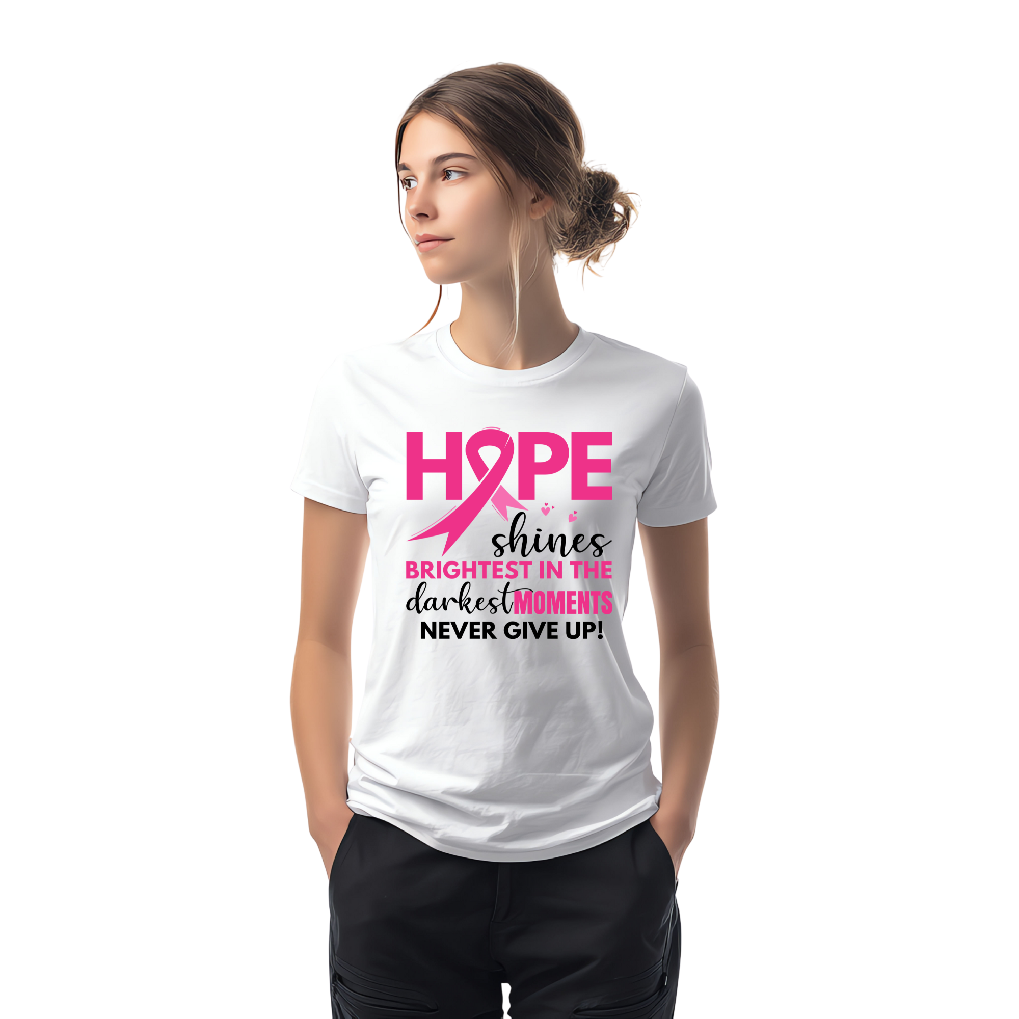 Person wearing a white t-shirt with a pink ribbon design and motivational text on a white background